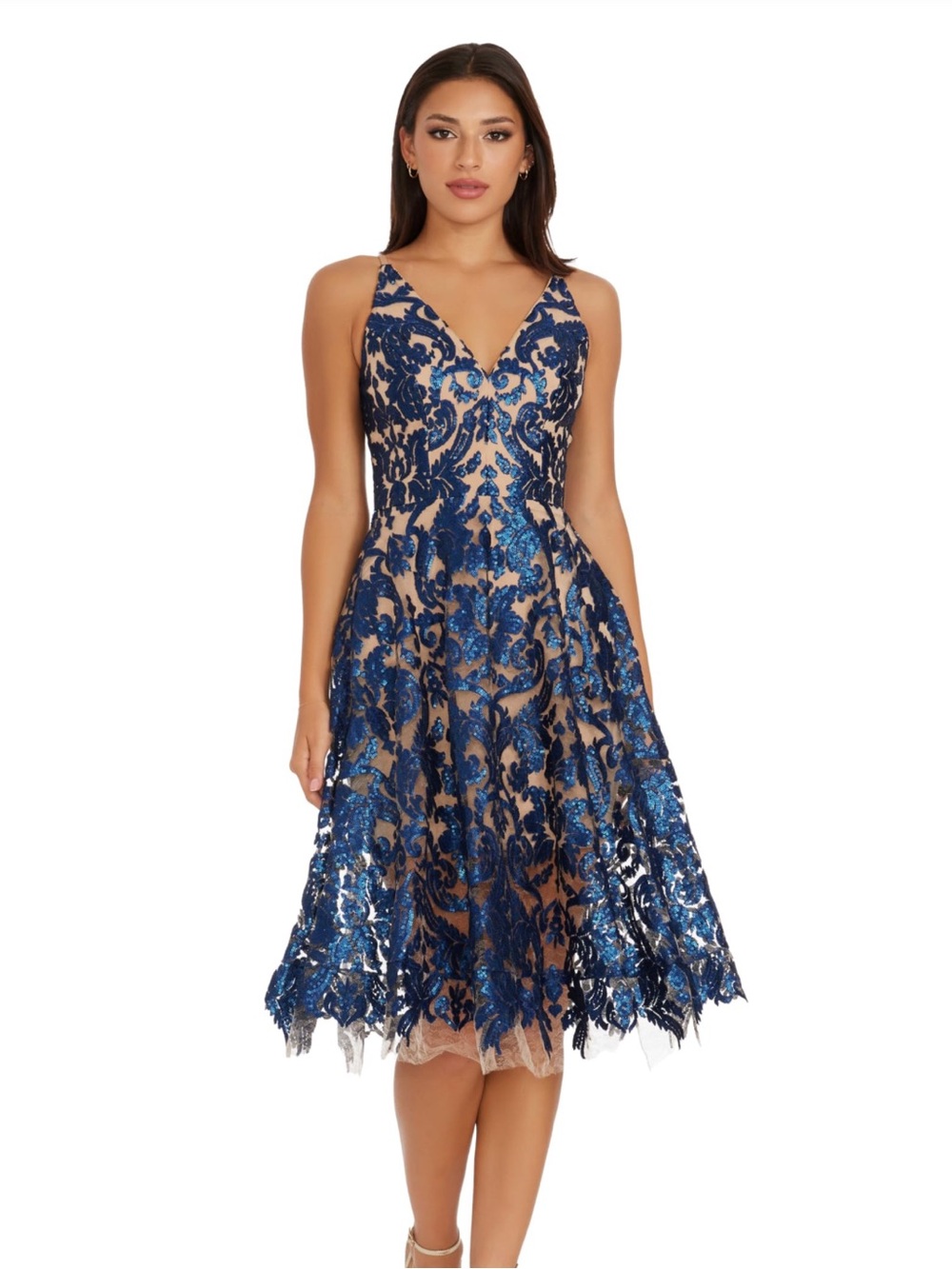 New Dress The Population Blair Plunging Fit And Flare Midi Dress, Navy/Nude